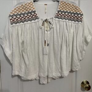 NWT Free People Women's Market Embroidery Trim Tassel Tie V-Neck Tee white XS